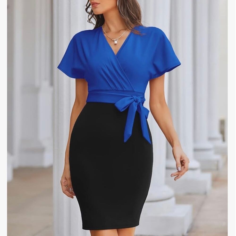 Grace Karin Royal Blue and Black Wrap Midi Dress